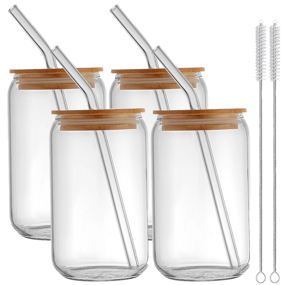 

4 Sets Can Shaped Creative Wide Mouth Wood Lid Drinking Glasses Drinking Straw Mug Beer Glasses Coffee Straw Mug