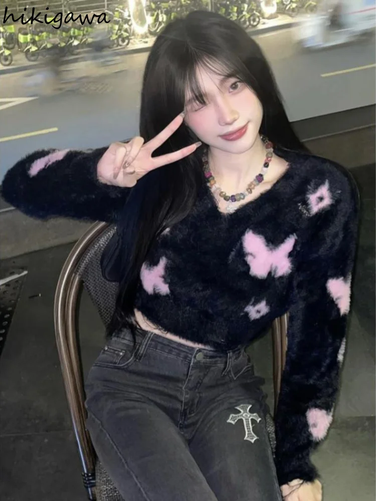 

Укороченные пуловеры, женская одежда 2023, Женская туника с V-образным вырезом и длинным рукавом, пушистые женские топы Y2k, милый вязаный свите...