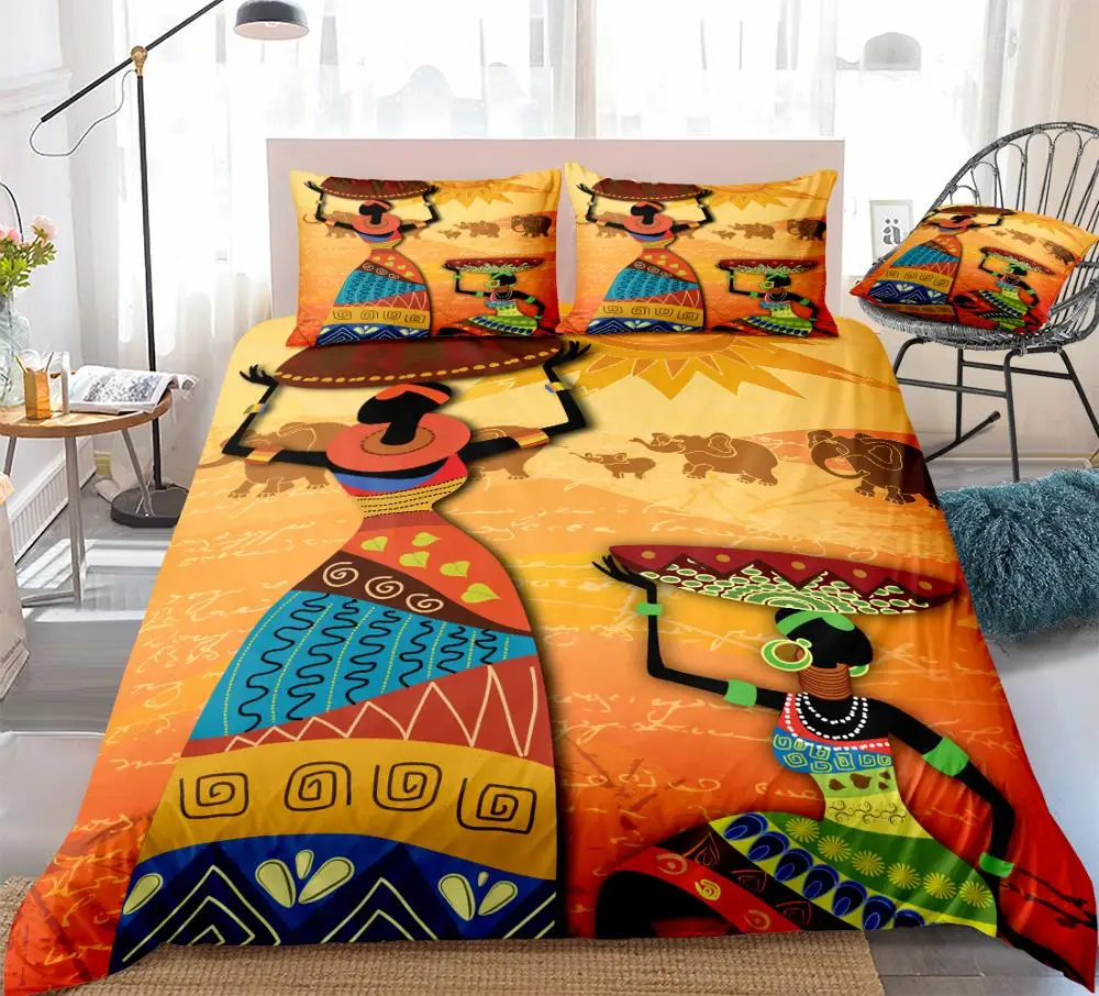 

Africa Duvet Cover Set Retro Exotic Bedding Set Tribal Woman Quilt Cover Queen Red Orange Bed Set Geometric Home Textiles