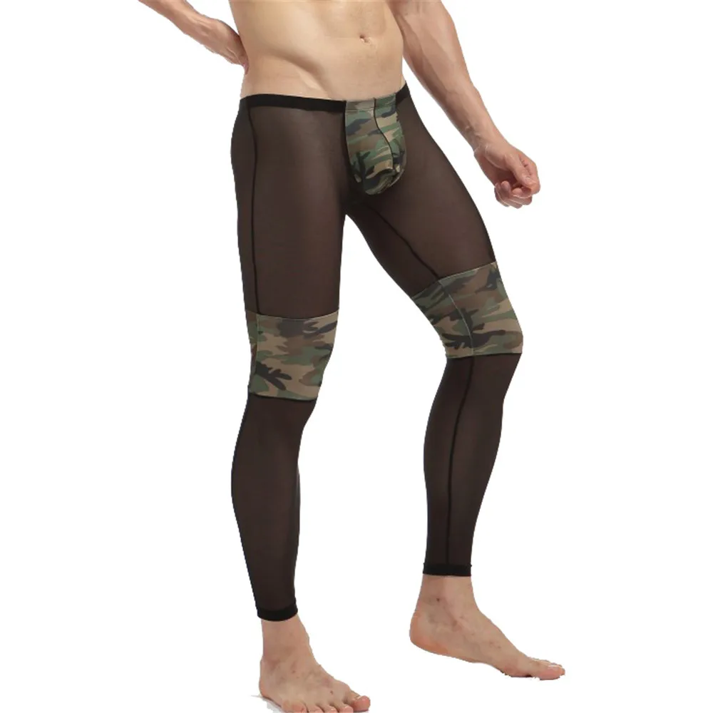 FYXLJJ Sexy Men's Mesh Transparent Long Johns Man Fashion Underwear Homme Camouflage See Through Leggings Sleep Bottoms Homewear