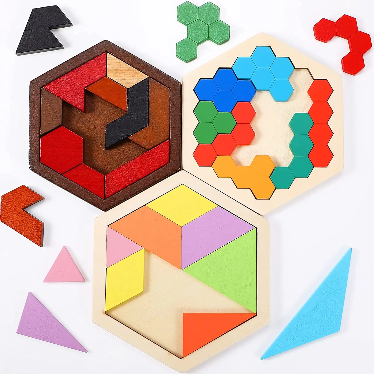 

Wooden Hexagon Puzzle for Kid Adults Shape Pattern Block Tangram Brain Geometry Logic IQ Game STEM Montessori Educational Gift