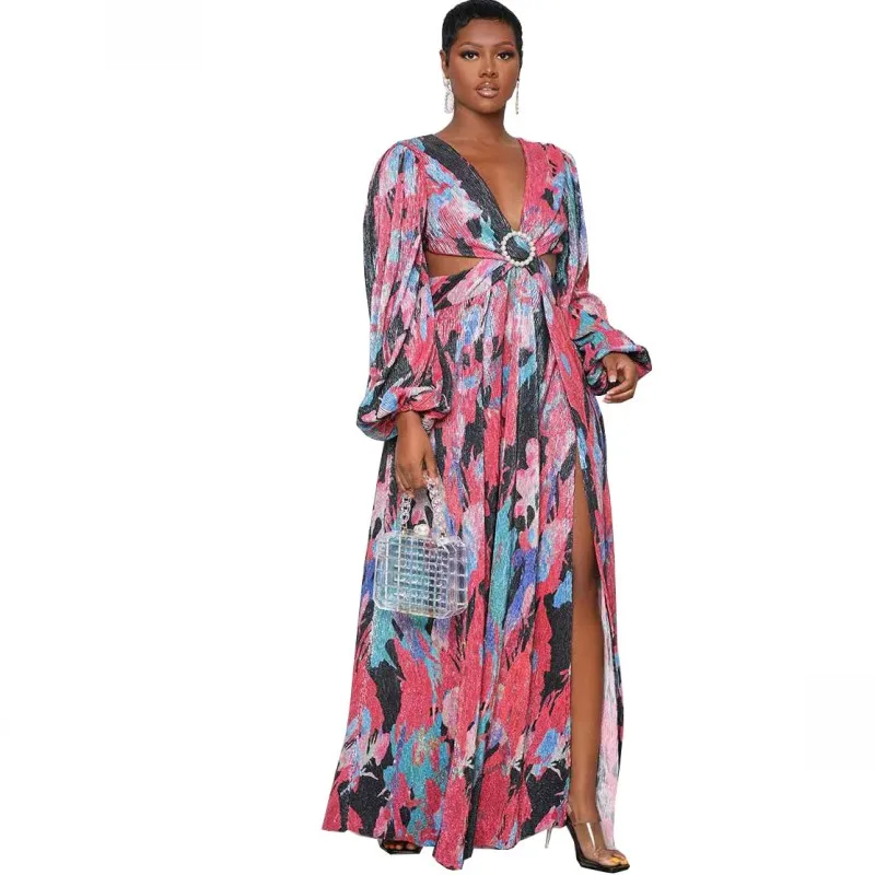 

Dashiki African Maxi Dress Women V Neck Backless Puff Sleeve Robes Fashion Street Style Sexy Bazin Riche Dashiki African Dresses