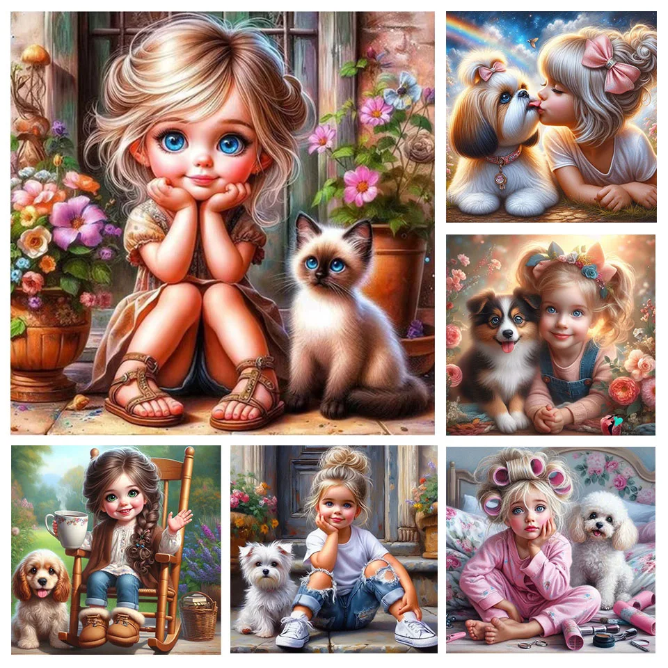 Наборы алмазной живописи сделай сам милая девушка и собака кошка новинка 2025 года