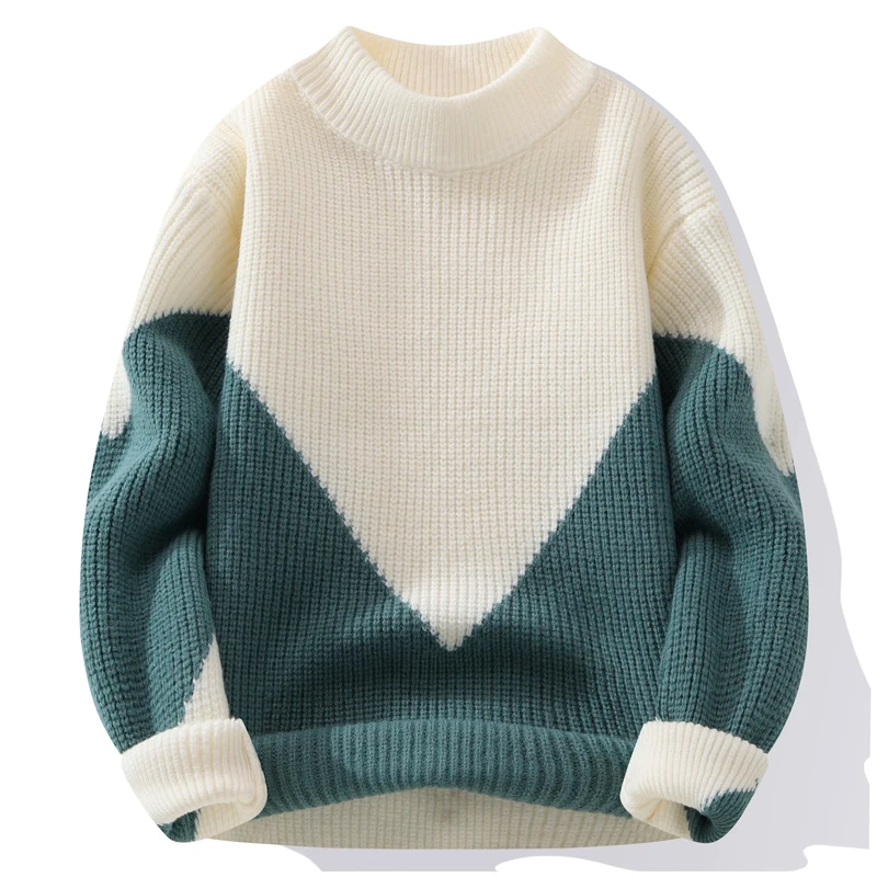 Мужская одежда фонарь длинный рукав резьба контрастный цвет свитер с круглым