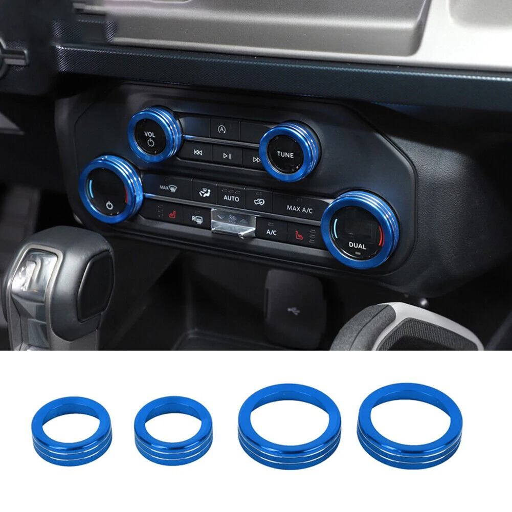 

4PCS Air Condition & Audio Switch Knob Trim Cover Ring For Ford Bronco 2021 2022 Blue Center Console Trim Button Ring Trim