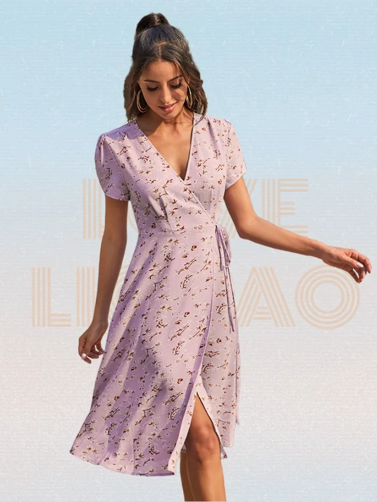 

Print Women Dress 2022 Summer Floral V-neck Strappy Slim Chiffon Dress Short-sleeved Casual A-line Split Long Dress Robe Femme