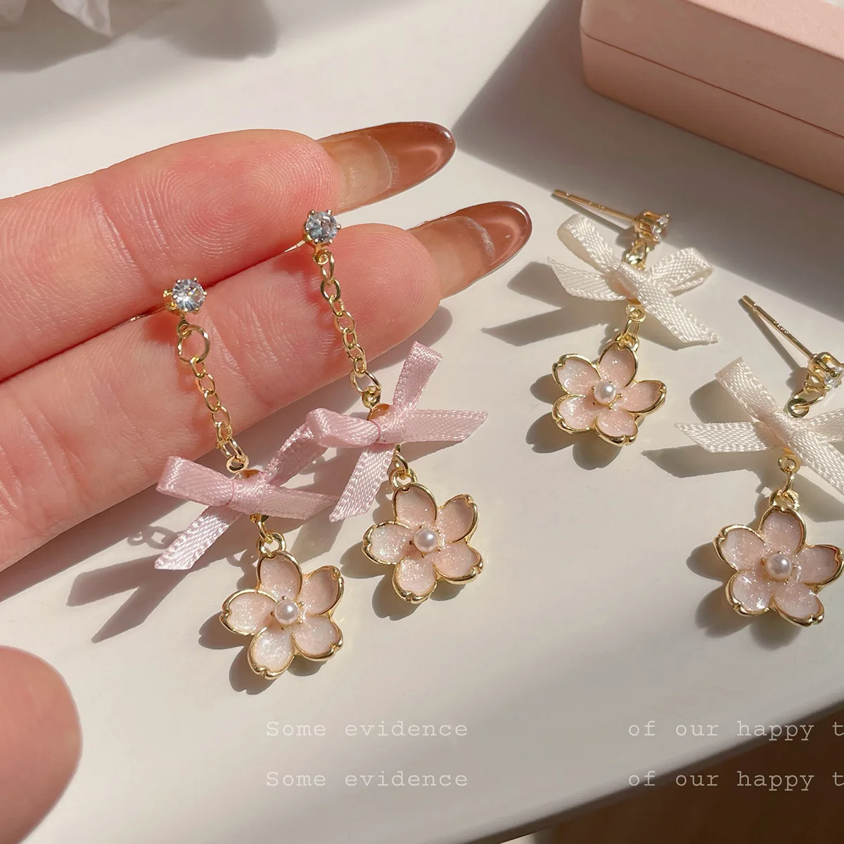 Милые летние женские серьги KADRUFI с розовым цветочным бантом из ткани корейские