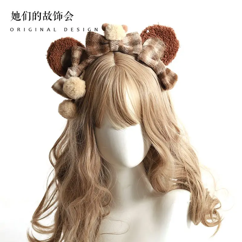 

Повязка для волос с маленьким медведем, повязка для волос с медведем JK, ручная работа, завязка-бант, головной убор, британский винтажный клетчатый оригинальный японский аксессуар для волос