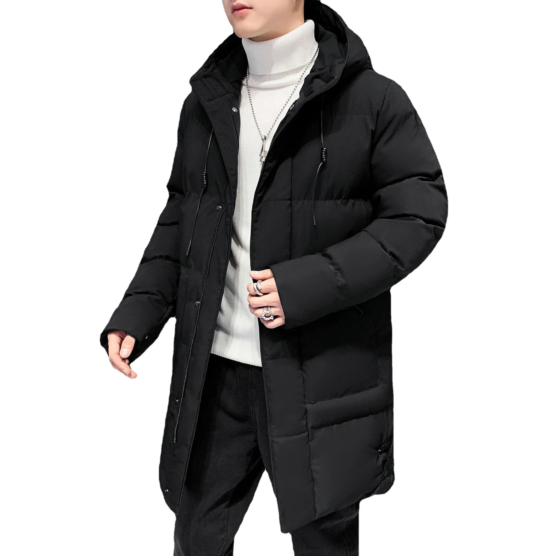 Long cotton-padded jacket men's winter thickened young and middle-aged coat solid color casual cotton-padded jacket hooded