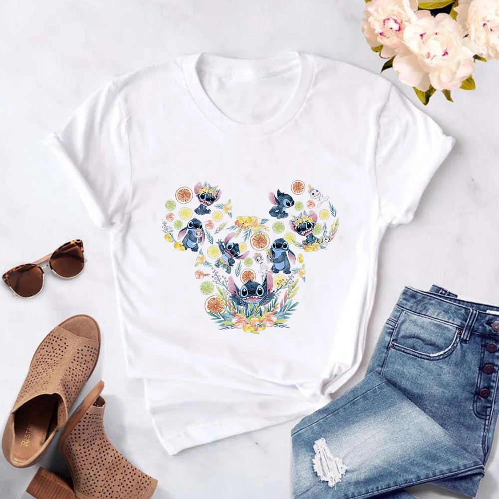 Купи Disney Women's T-shirt Cute Stitch Print Fashion Aesthetic Clothes Casual Travel Tops Basic O-neck White T Shirt Women Dropship за 269 рублей в магазине AliExpress