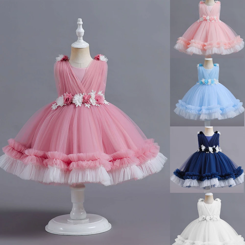 

2023 Cute Tutu Dress For Girl's Pink Birthday Party Ball Gown Tull Dress Bow Back Sleeveless Flower Girl 1-3 Age Baby 3D Flower