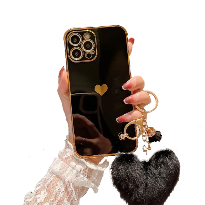 

Electroplated Frame With Love Fur Ball Pendant Phone Case For Iphone 11 12 13 14 Pro Max 12 13 Mini 6S 7 8 Plus X Xr Xs Max Se