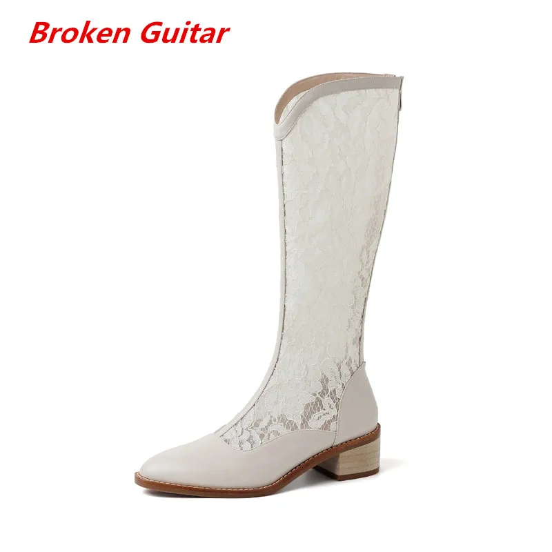 

Boots autumn season genuine leather mesh hollow lace high-top cool women's boots stovepipe thick short heel