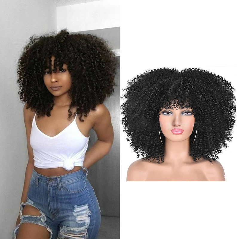 

Belle Show Afro Kinky Curly Wigs With Bangs Synthetic Short Hair Ombre Glueless Natural Fluffy Brown Black For African Women