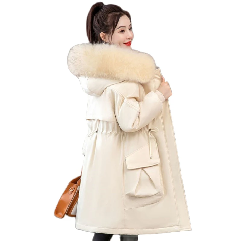 Big Fur Collar Mid-Length Women's Down Padded Cotton Jackets 2022 Winter Parkas New Slim Waist Fleece Thick Coats Casual Outwear