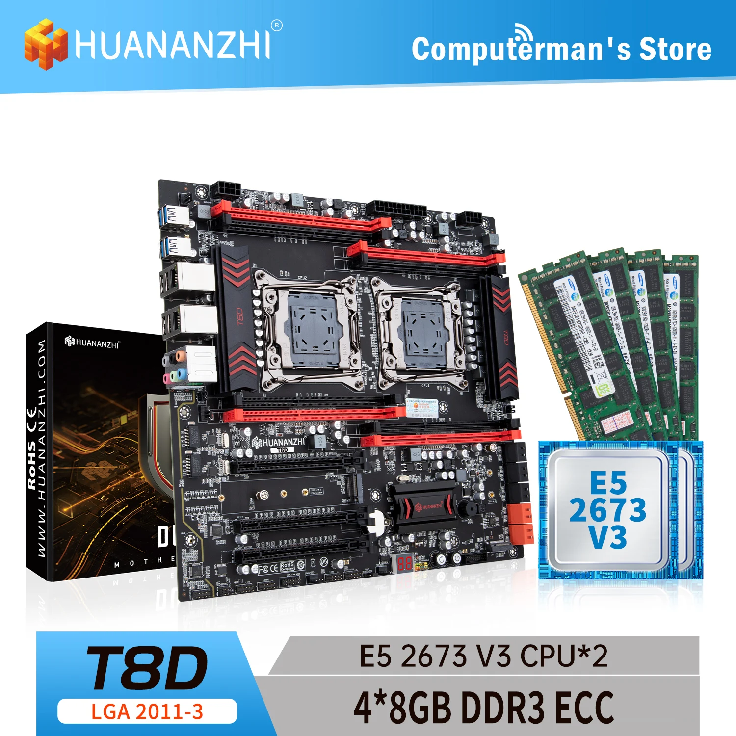 

HUANANZHI T8D LGA 2011-3 материнская плата Intel Dual с Intel XEON E5 2673 V3 * 2 с 4*8G DDR3 RECC память комбинированный комплект NVME NGFF