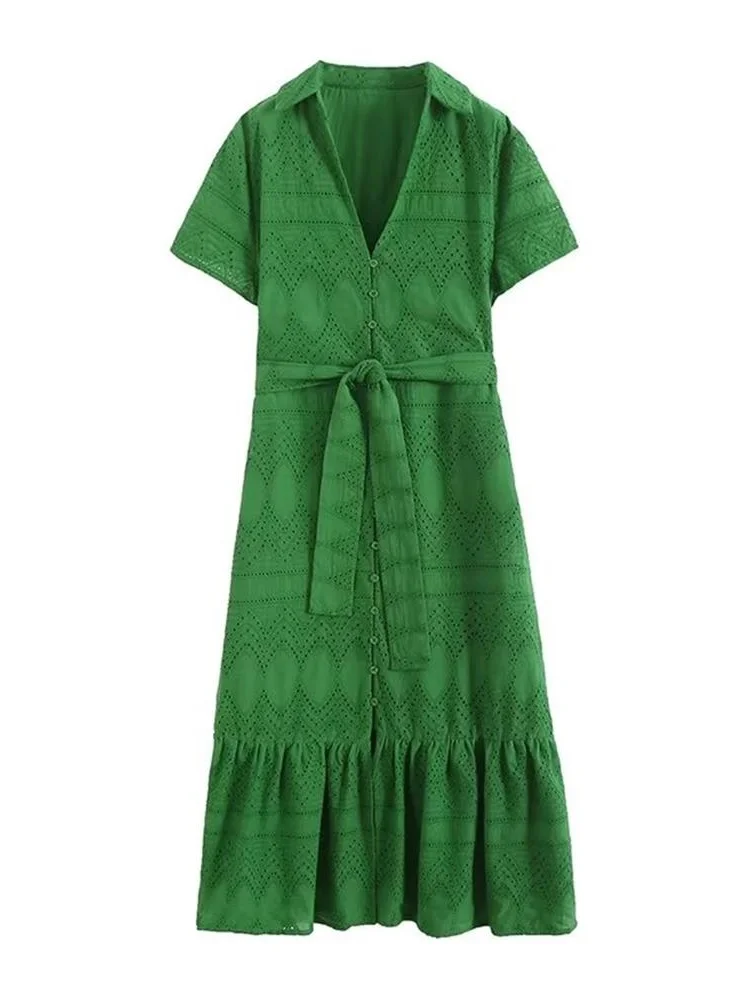 

MESTTRAF Sexy Design 2023 Y2K With Belt Floral Embroidery Midi Shirt Dress Vintage Short Sleeve Front Button Female Dresses