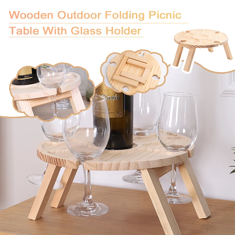 

Wooden Folding Picnic Table Portable Outdoor 2 In 1 with Wine Glass Holder Stemware Storage Rack Camping Table Garden Furniture