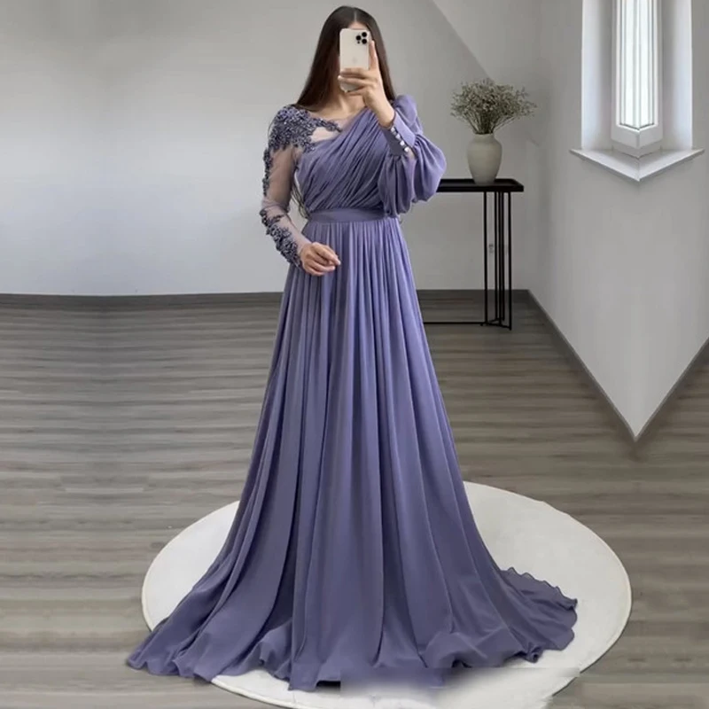 

Синее элегантное вечернее платье-трапеция 2023 шикарное шифоновое платье с глубоким круглым вырезом и длинными кружевными рукавами с апплик...