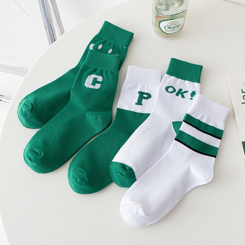 

Medium Tube Socks Woman Clothes White Green Series Jacquard Kawaii Harajuku Tide Stripe Sports Cotton Women's Underwear