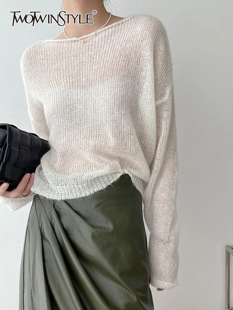 

TWOTWINSTYLE Solid Knitting Sweaters For Women Round Neck Long Sleeve Hollow Out Casual Chic Sweater Female Fashion Clothing New