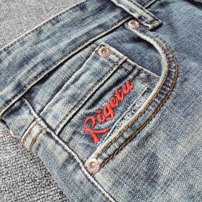 Fashion Vintage Men Jeans Retro Blue Stretch Elastic Slim Fit Ripped Jeans Men Patched Embroidery Designer Denim Pants Hombre