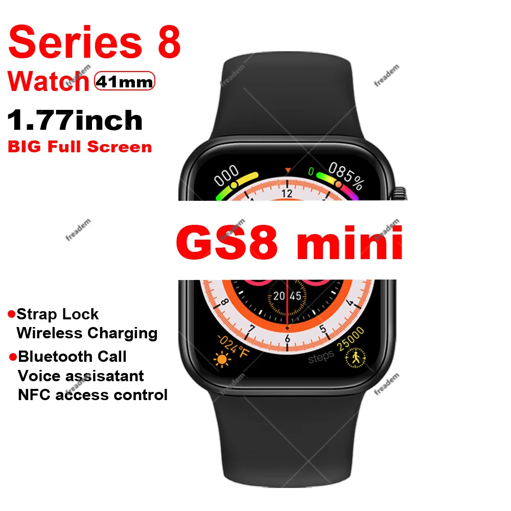 

2023, часы серии 8 для женщин, GS8 Mini, 41 мм, 1,77 дюйма, полноэкранный, Bluetooth, вызов, Беспроводная зарядка, телефон, модные женские умные часы