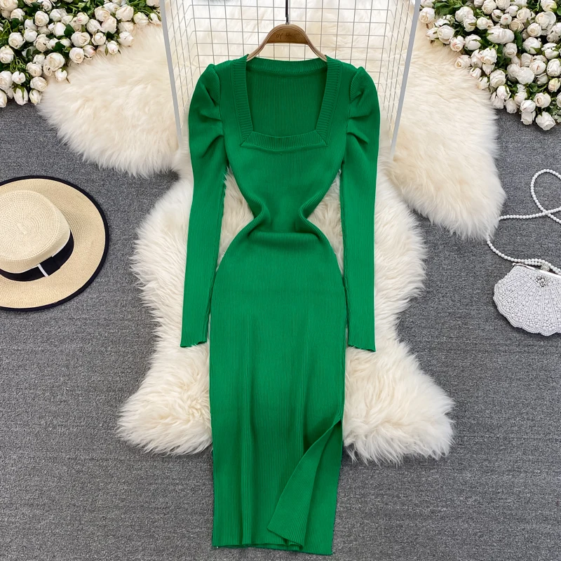 

Women Chic Elegant Solid Square Neck Puff Sleeve Bodycon Dress Sexy Fashion Knit Elastic Slim Hip Wrap Sweater Dress