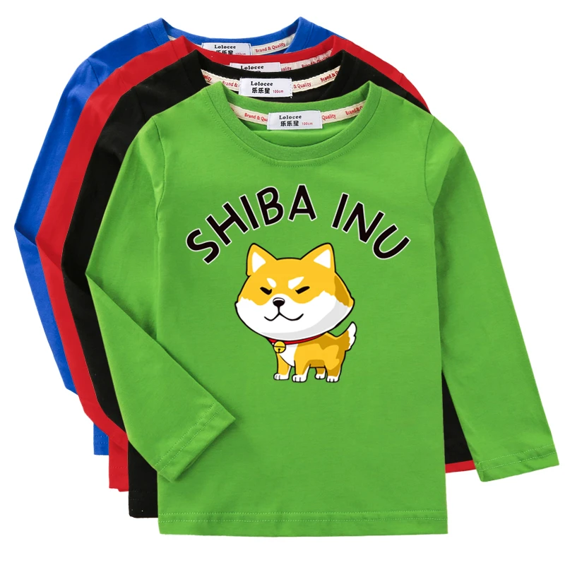 Kids Cartoon Animal Shirts Boys Shiba Inu Puppy T-Shirt Girls Long Sleeve Clothes Spring Autumn Cotton Tops Tees