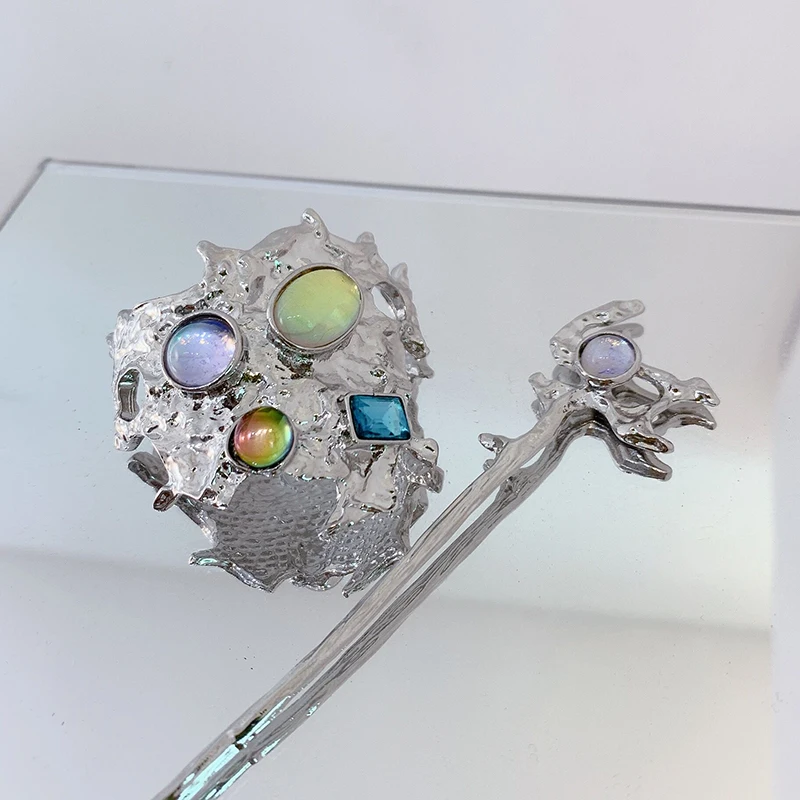 Ful Crystal Irregular Metal Hair Stick For Women Moonstone Punk Hairpin Set Chopsticks Hair Clip Headgear
