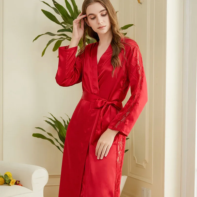 Women's Sleep Pajamas Emulation Silk Nightgown Lace-up Sexy Long Robe Hotel Casual Comfortable Bathrobe Homewear Underwear