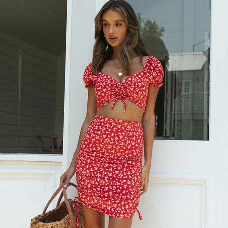 

Ardm Square Collar Floral Print Red Sexy Outfits For Woman 2022 Short Sleeve Belly Button Exposed Shirring Skirt Two Piece Sets