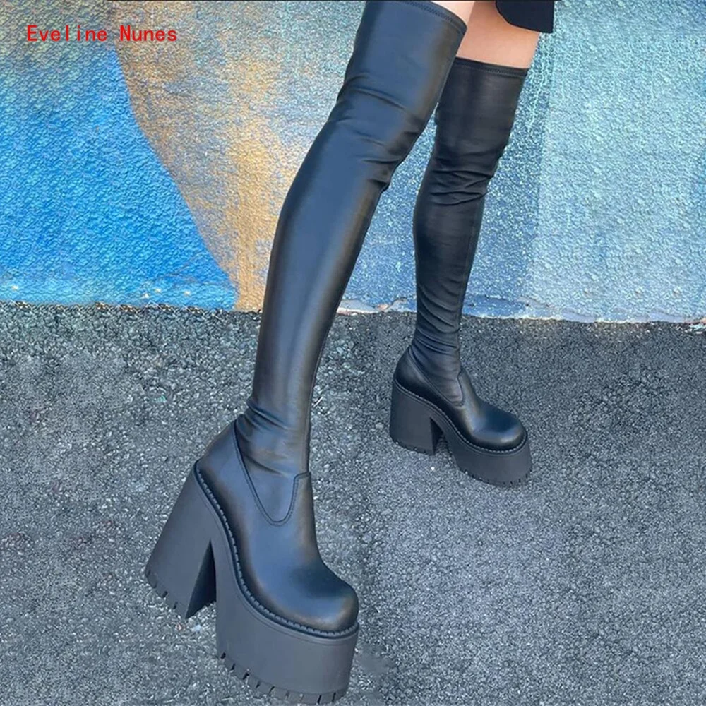 Black Platform Boots 2022 New Arrival Solid Over-the-knee Round Toe Chunky Heel Patent Leather Party Women's Fashion Shoes