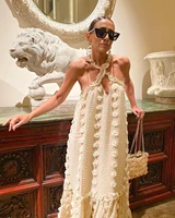 2022 new womens dress fashion halter neck three dimensional flower mopping cake long dress summer