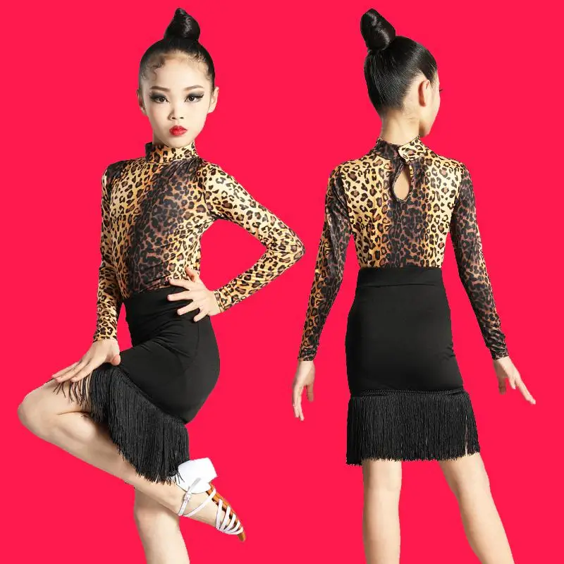 

Children's Dance Autumn Latin Long Sleeve Stage Costume Skirt Girls' Suit Leopard Print Lightweight Elastic Tassel Short Skirt