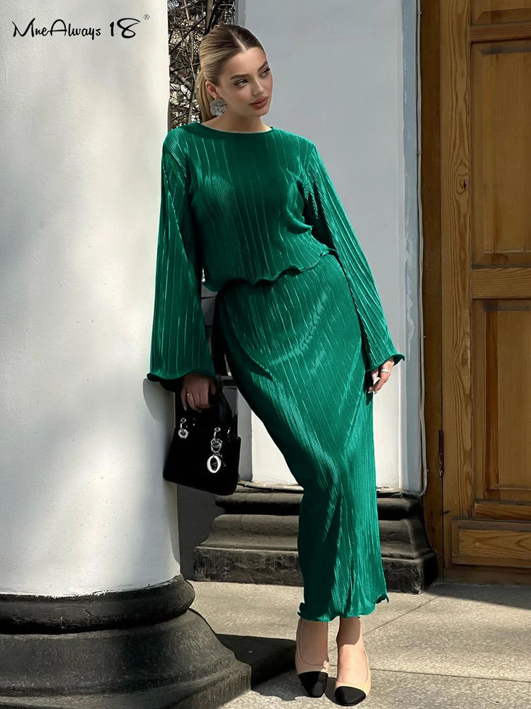 

Mnealways18 Elegant Pleated Women Skirts Suits Two Pieces Pullover Tops And Pencil Skirts Office Ladies 2 Pieces Sets Long Skirt