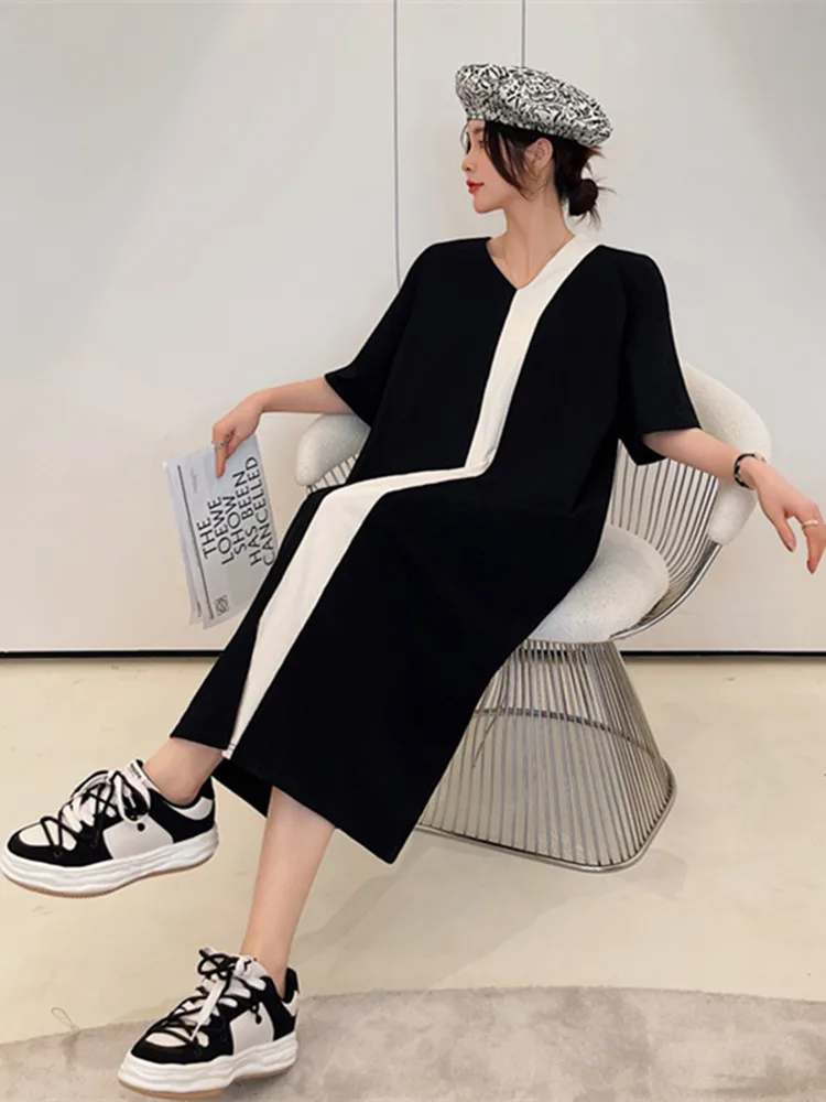 

Женское длинное платье с V-образным вырезом, свободное хлопковое платье черного цвета с прямым рукавом и соединением внакрой, лето 2023