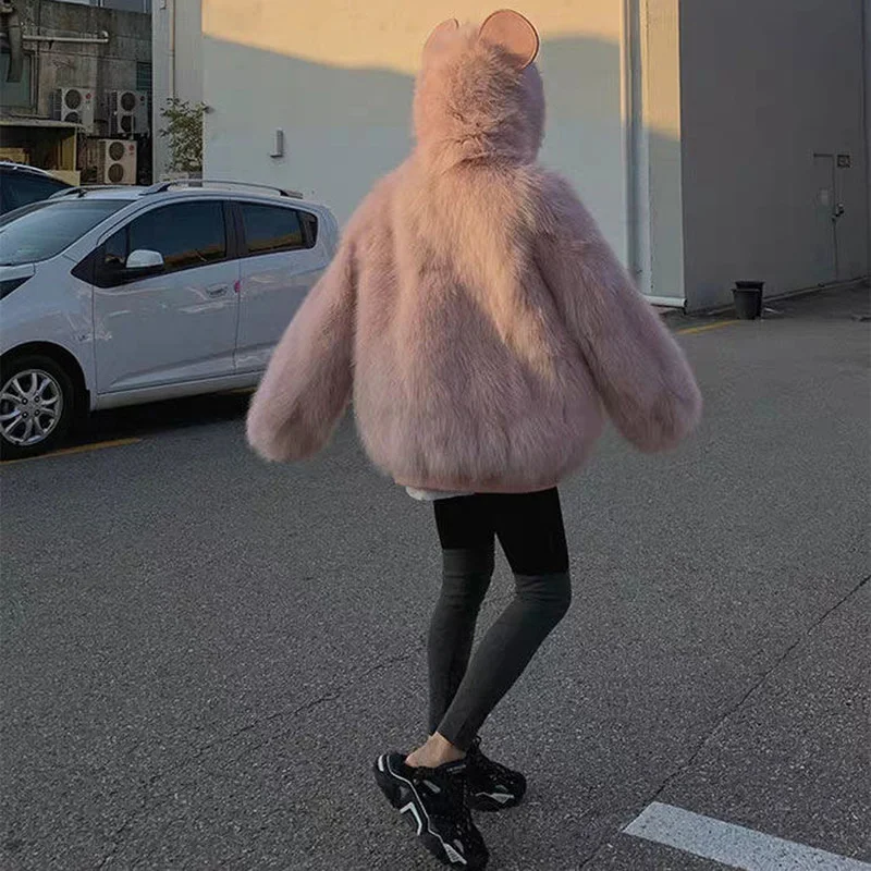 Fox Fur Collar Hooded Luxury Rabbit Faux Fur Jacket Manteau Femme Hiver Plus Size Patch White Teddy Coat Woman Winter Overcoat