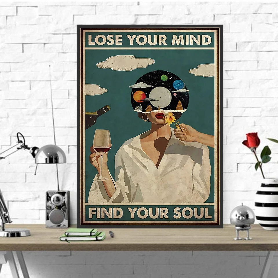 Винтажный постер с музыкой, Картина на холсте «потерять свой ум», «найти вашу душу», принт «Девушка с вином», Настенная картина, гостиная, домашний декор Винтажный постер с музыкой, Картина на холсте «потерять свой ум», «найти вашу душу», принт «Девушка с вином», Настенная картина, гостиная, домашний декор