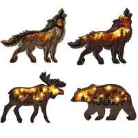 carved wooden ornaments hollow wolf bear deer statues with light carving handcraft living room decoration home desktop ornaments