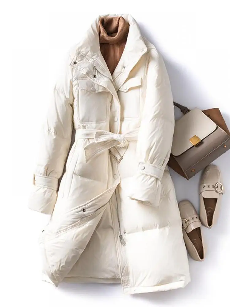 

New Winter Long Light Feather Jacket Women 95% White Duck Down Coat Stand Collar Warm With Belt High Quality Fluffy Outwear