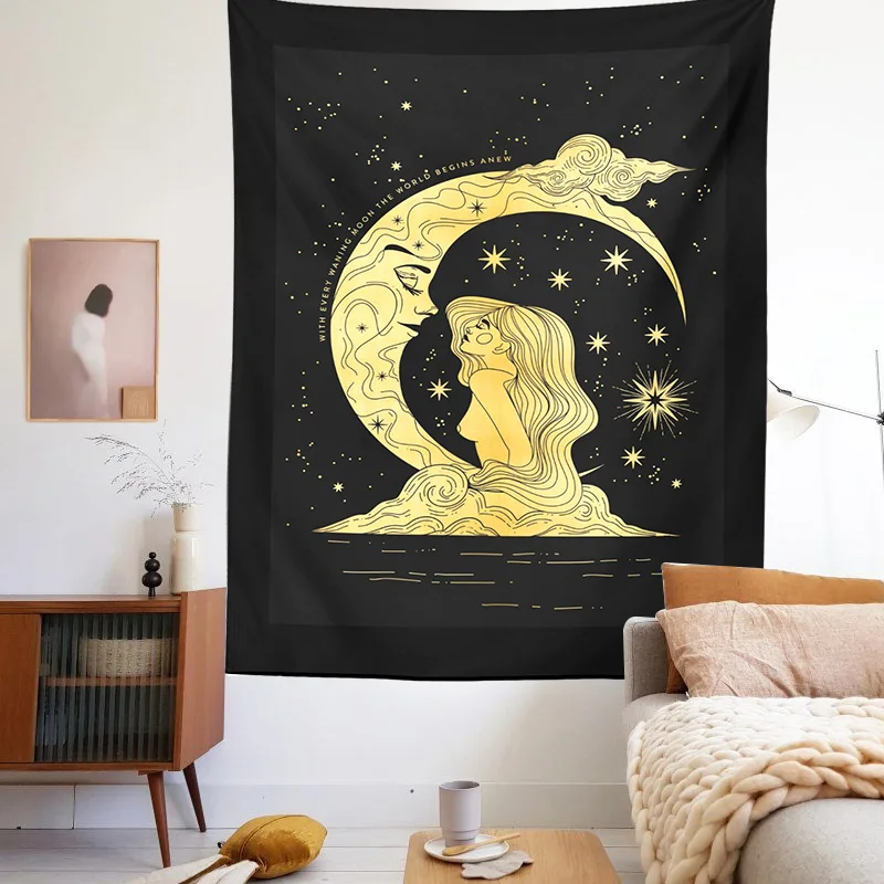 

Sun Moon Woman Tapestry Witchcraft Wall Hanging Black Art Print Mural Background Tapestries for Bedroom Dorm Living Room Decor