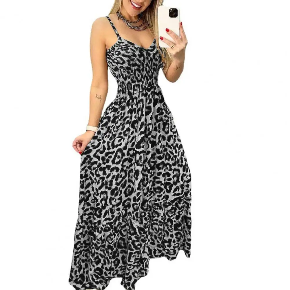 

Leopard Print Maxi Dress Sleeveless Spaghetti Strap Women A-Line Dress V-Neck Elastic Waist Vintage Floor Length Summer Dress
