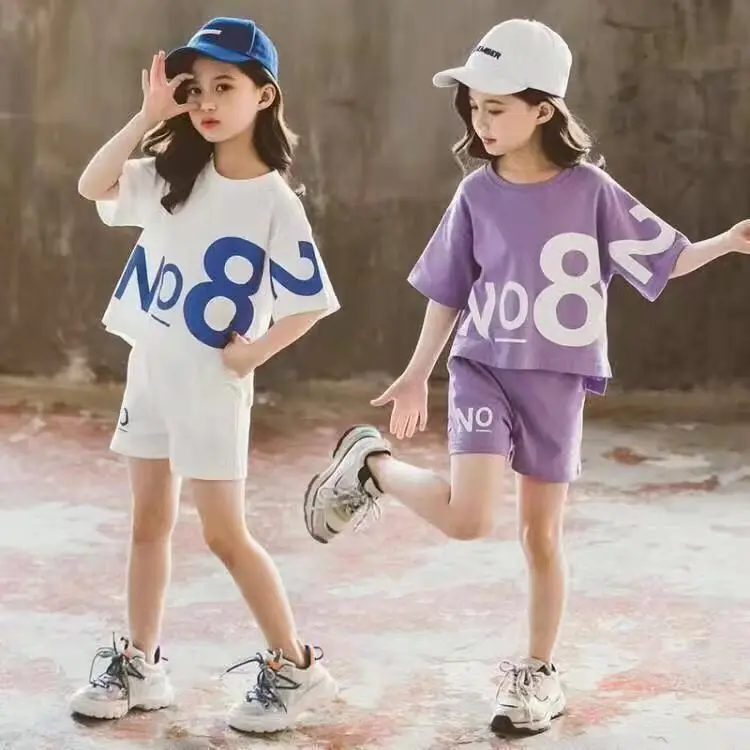 2023 New Children Short Sleeve Top +shorts 2pc Girls Summer Suit Teen Sportswear Girls Clothes Sets Boutique Kids Clothing