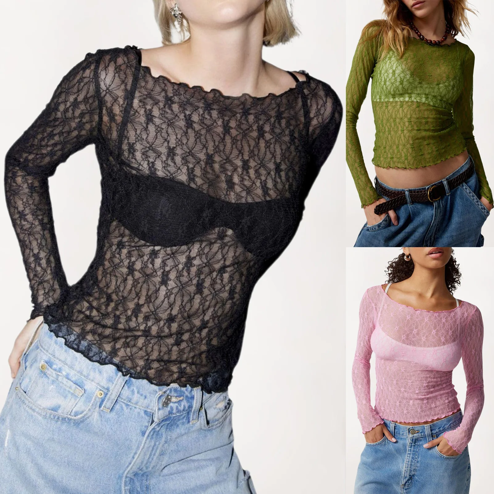 

Mesh See Through Y2K Sheer Top Lace Lady Long Sleeve T Shirt Crew Neck Slim Fit Solid Sexy Comfy Party Clubwear Going Out Tops
