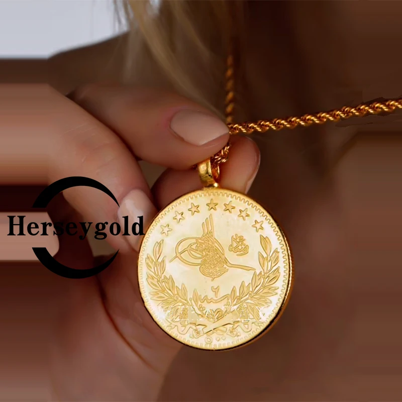 

Gold Plated Jubilee Turkish Totem Pendant with Water Wave Chain Arabic Coin Pendant Luxury Women Jewelry Gifts Mexican Jewelry