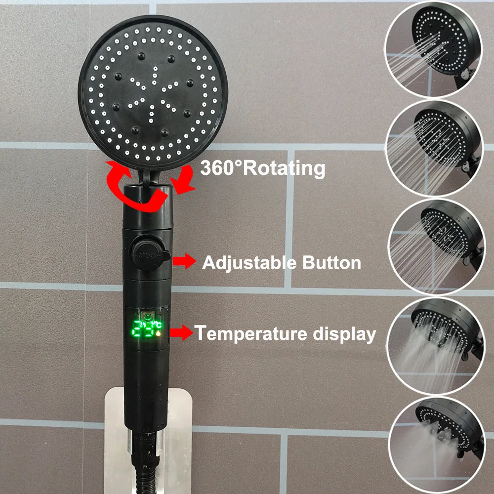 Регулируемая черная насадка для душа с 5 режимами, экономия воды, цифровой дисплей температуры, ручной распылитель для душа, аксессуары для ванной комнаты