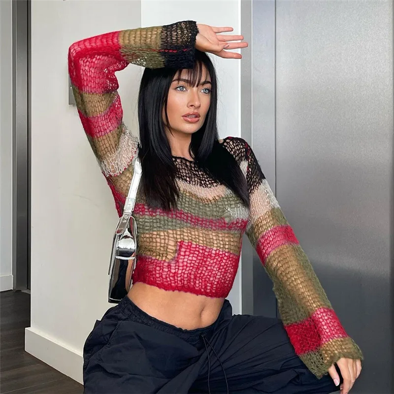

Fall Clothing For Women 2022 Oversize Sweater Woman Top Long Sleeve Contrast Cropped Knit Ladies Grunge Clothes Vintage Pullover