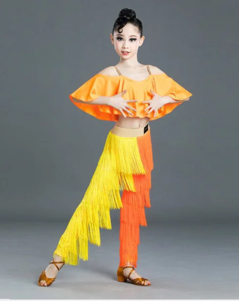 

1set/lot Cildren Tassel Latin Dance costumes irls National Standard modern dancin Tassel Pants and top