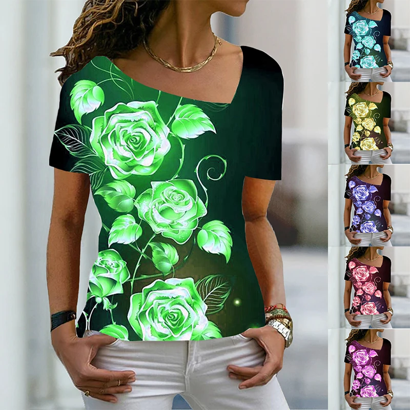 

Новинка 2022, летняя женская модная повседневная футболка с абстрактным геометрическим рисунком и цветочным рисунком, базовые Топы с V-образн...